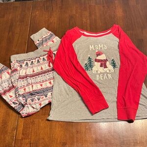 CuddlDuds Mama Bear festive Red, Gray, and Cream women’s Pajama 2 pc set